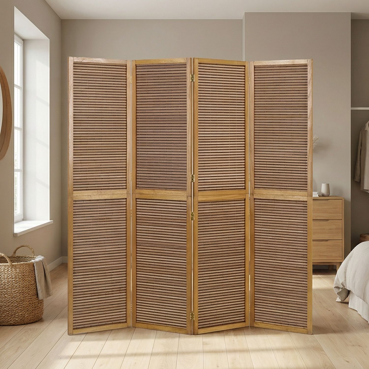 5-panel wooden folding screen, brown – slatted room divider and privacy ...