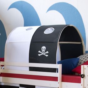 Bettzelt und Spieltunnel in Schwarz. Der gebogene Stofftunnel ist einzeln vor weißem Hintergrund abgebildet. Die offene Stirnseite, die gewölbte Stofffläche und die seitlichen runden Sichtfenster sind sichtbar.