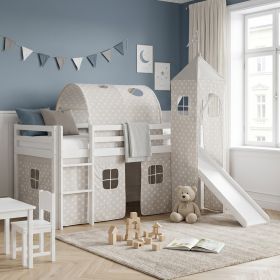 Loftbed 90x200 cm Bunk bed Childrens bed Solid Pine Wood Tower Tunnel Curtain Grey Stars Slide Mattress Slats