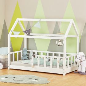 Children's Bed 80x160 cm White | House Bed with Fall Protection | Montessori | Single Bed | with Slatted Frame | Wood