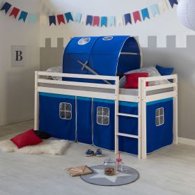 Loft Bed Kids 90x200 cm White with Curtain in Blue | Tunnel | without Slatted Frame