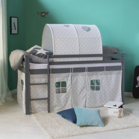 Loftbed 90x200 cm with Mattress Grey Bunk bed Childrens bed Solid Pine Wood Curtain Tunnel Stars Slats
