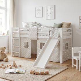 Children's Loft Bed 90x200 cm White with Star Curtain | Slide | With Slatted Base | With Mattress