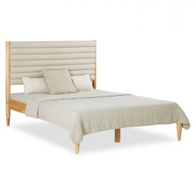 Small Double Bed 140x200 cm Wooden Bed Bouclé Beige Upholstered Bed with Slatted Frame Fabric Bed Frame