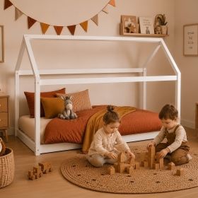 Children's Bed 90x200 cm White | House Bed | Single Bed | with Slatted Frame | Wood | Floor Bed