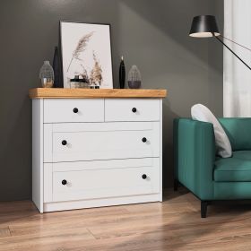 Highboard in Weiß mit Oberflächen in Eichenoptik und Schubladenstauraum. Der Artikel ist freigestellt auf weißem Hintergrund abgebildet. Sichtbare Details sind Schubladenfronten, runde schwarze Griffe und eine naturfarbene obere Holzplatte.