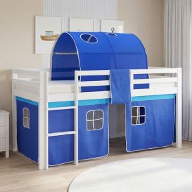 Children's Loft Bed 90x200 cm, White with Blue Curtain | Tunnel | Without Slatted Base