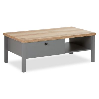 Table Basse de Bois 110x60 cm Table Salon Gris Table D'Appoint Massif Meuble de Rangement Tiroir