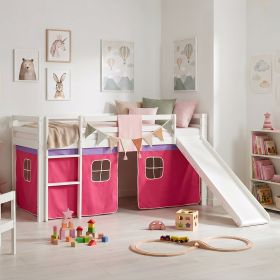 Children's Loft Bed 90x200 cm White with Pink Curtain | Slide | Without Slatted Base