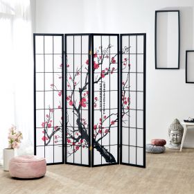 Paravent Black Cherry Pattern | Rice Paper White | 4-panel | Wood | Room Divider Partition Privacy Screen