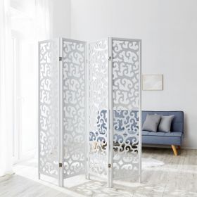 Paravent White with decoration | 4-panel | Wood | Room Divider Partition Privacy Screen