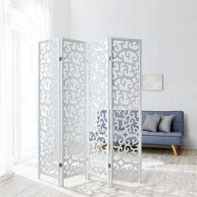 Paravent White with decoration | 4-panel | Wood | Room Divider Partition Privacy Screen