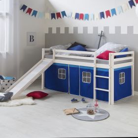 Loft Bed Kids 90x200 cm White with Curtain in Blue | Slide | without Slatted Frame