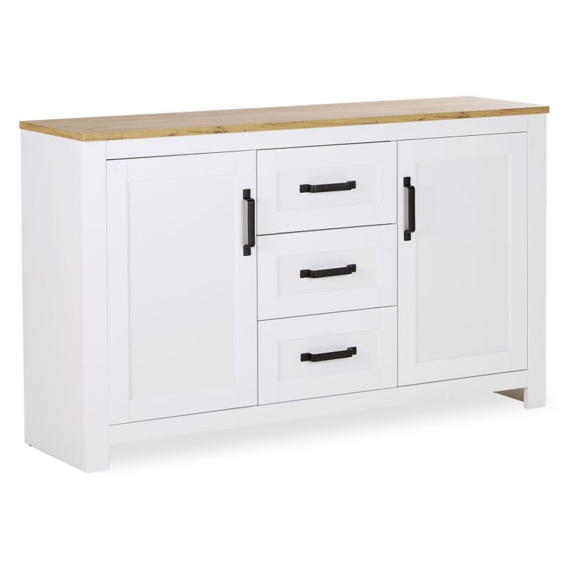 Chest of Drawers Sideboard White 150 cm Wood Oak Solid Cupboard with 3 Drawers Country Style Highboard Living Room Cabinet