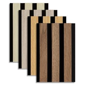 Musterstücke von Akustikpaneelen in unterschiedlichen Holzfarben. Mehrere schmale Musterstücke mit unterschiedlich gefärbten Holzlamellen auf dunkler Unterlage sind versetzt nebeneinander vor weißem Hintergrund abgebildet.