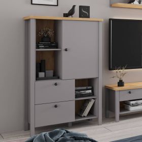 Highboard Sideboard Grey Wood Natural Storage 2 Drawers Cabinet Buffet Credenza Living Room Cupboard