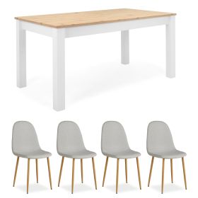 Essgruppe in Grau und Weiß mit Holzelementen und Ausziehfunktion. Der Freisteller zeigt die Essgruppe als Zusammenstellung aus einem weißen Tisch mit Holzplatte und vier Polsterstühlen. Alle fünf Möbel stehen getrennt vor weißem Hintergrund.