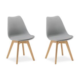 Dining Set (3-Piece): 80x80 cm white dining table with 2 grey plastic chairs and wooden legs