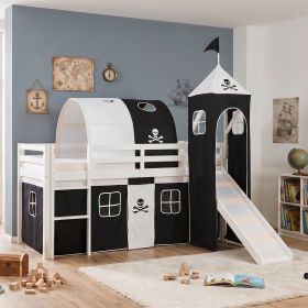 Children's Loft Bed 90x200 cm, White with Black Curtain | Tunnel | Tower | Slide | Without Slatted Base