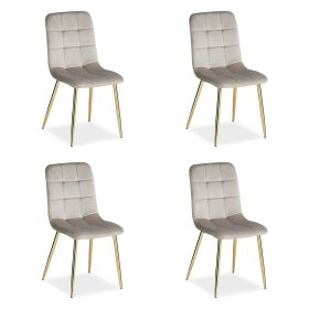 Polsterstuhl in Creme. Der Artikel ist freigestellt auf weißem Hintergrund abgebildet. Sichtbare Details sind ein gepolsterter Bezug, quadratische Steppfelder an der Rückenlehne und goldfarbene schlanke Beine.