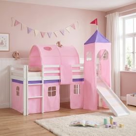 Children's Loft Bed 90x200 cm White with Pink Curtain | Slide | Tower | | Tunnel | with Slatted Base | with Mattress