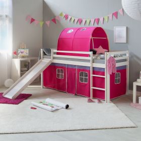 Loft Bed Kids 90x200 cm White with Curtain in Pink | Tunnel | Slide | without Slatted Frame