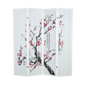 Paravent room divider 3 4 5 6 parts, wood white, rice paper, cherry pattern