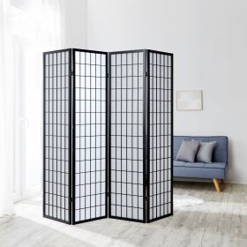 Paravent in Schwarz mit Holzelementen, 4 beweglichen Elementen und Shoji-Design. Der Artikel ist freigestellt auf weißem Hintergrund abgebildet. Sichtbare Details sind mehrere gelenkig verbundene Paneele, ein regelmäßiges Holzraster und helle Paneelfläche