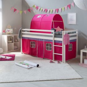 Loft Bed Kids 90x200 cm White with Curtain in Pink | Tunnel | without Slatted Frame