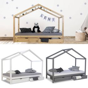 Cot House Bed 90x200 Children's House Play Bed Wooden Bed Bed Drawer Nature White Grey