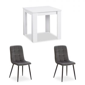 Modern Dining Table White 80x80 cm with 2 Chairs Grey Velvet Dining Room Table Wooden Table