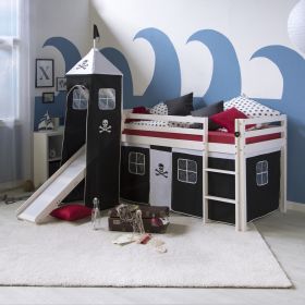 Loftbed 90x200 cm with Tower Slide Mattress Bunk bed Childrens bed Solid Pine Wood Slats Curtain Black Pirate