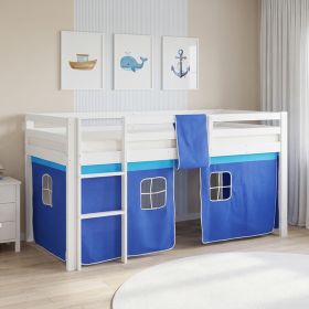 Children's loft bed, 90x200 cm, white with blue curtain | without slatted frame