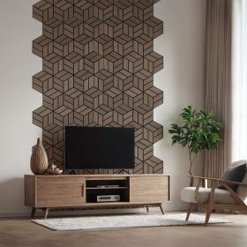 Akustikpaneele in Braun mit Holzelementen und hexagonaler Form. Der Artikel ist freigestellt auf weißem Hintergrund abgebildet. Sichtbare Details sind ein geometrisches Würfelmuster und dunkle Zwischenräume.