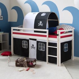 Loftbed 90x200 cm with Mattress Bunk bed Childrens bed Solid Pine Wood Slats Tunnel Curtain Black Pirate